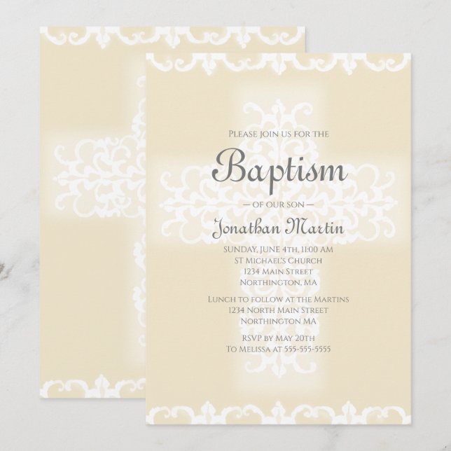 Baptism Elegant White Beige Damask Christian Cross Invitation (Front/Back)