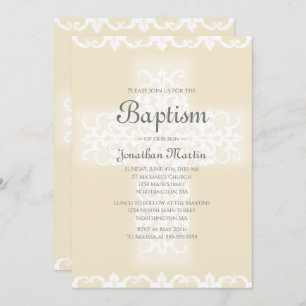 Baptism Elegant White Beige Damask Christian Cross Invitation