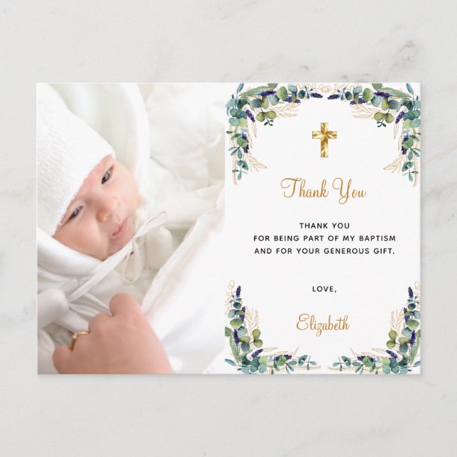 Baptism eucalyptus custom photo thank you postcard (Front)