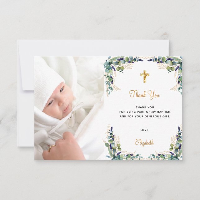 Baptism eucalyptus custom photo white gold thank you card (Front)