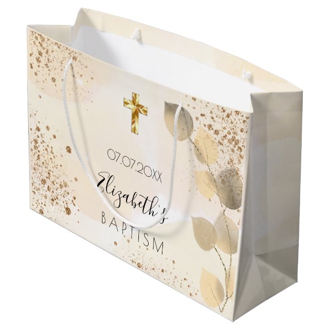 Baptism eucalyptus glitter golden monogram large gift bag (Back Angled)