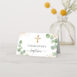 Baptism eucalyptus gold glitter dust place card