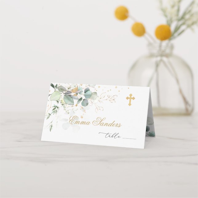 Baptism Eucalyptus Golden Floral Place card (Front)