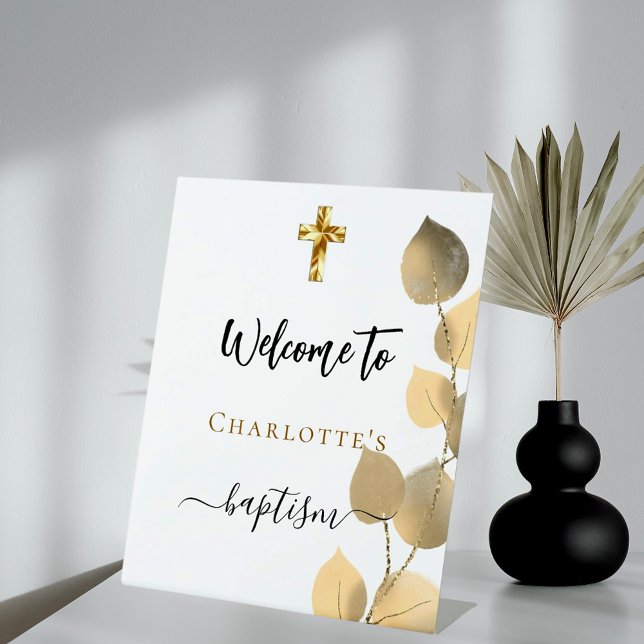 Baptism eucalyptus golden welcome pedestal sign (Creator Uploaded)