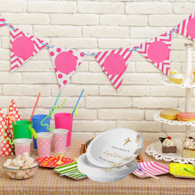 Baptism eucalyptus golden white elegant paper plate (Creator Uploaded)