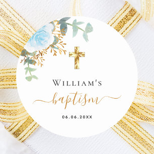 Baptism eucalyptus greenery blue floral boy classic round sticker