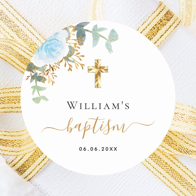 Baptism eucalyptus greenery blue floral boy classic round sticker (Creator Uploaded)