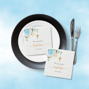 Baptism eucalyptus greenery blue floral boy napkin