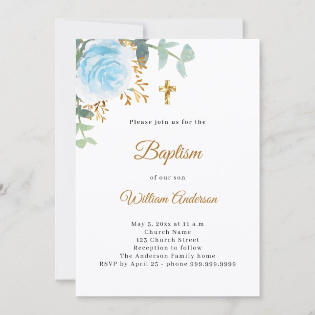 Baptism eucalyptus greenery blue florals boy invitation (Front)