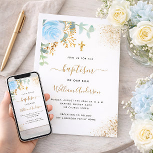 Baptism eucalyptus greenery blue gold floral boy invitation