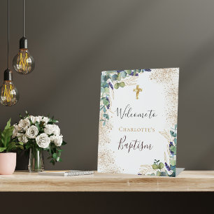 Baptism eucalyptus greenery elegant welcome pedestal sign