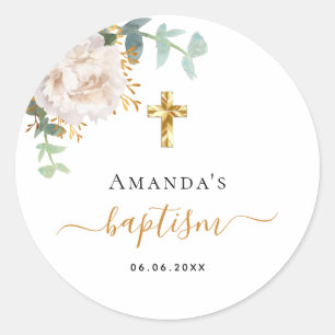 Baptism eucalyptus greenery floral gold cross classic round sticker