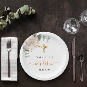 Baptism eucalyptus greenery floral gold cross paper plate