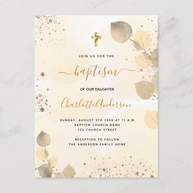 Baptism eucalyptus greenery glitter cross golden  invitation postcard (Front)