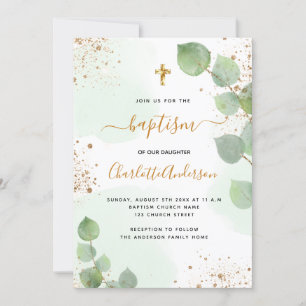 Baptism eucalyptus greenery glitter cross script  invitation