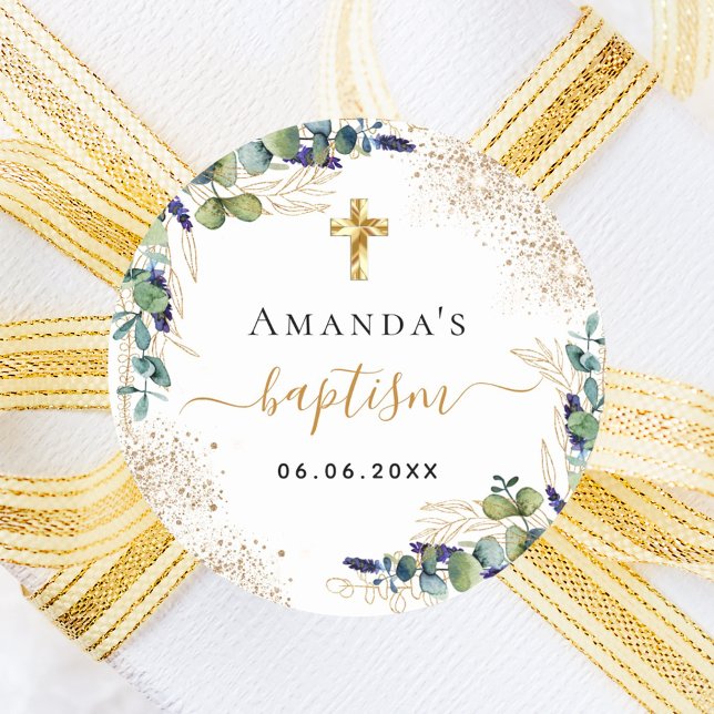 Baptism eucalyptus greenery glitter monogram classic round sticker (Creator Uploaded)
