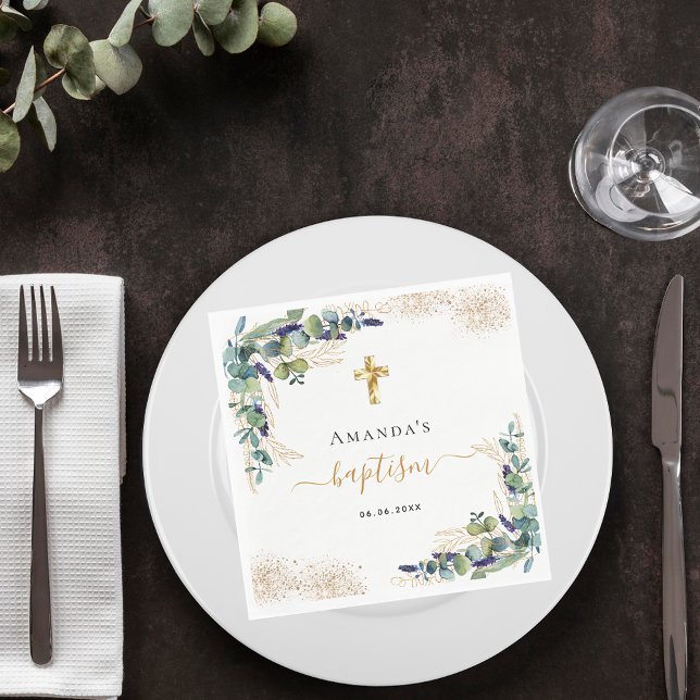 Baptism eucalyptus greenery glitter name girl boy napkin (Creator Uploaded)