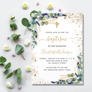 Baptism eucalyptus greenery gold cross script invitation postcard
