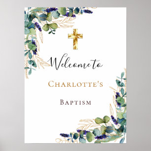 Baptism eucalyptus greenery gold cross welcome pos poster