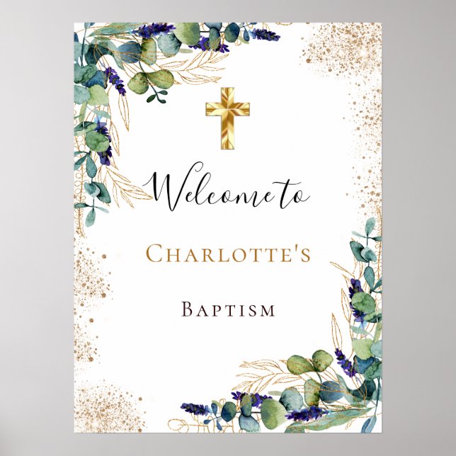 Baptism eucalyptus greenery gold cross welcome poster (Front)