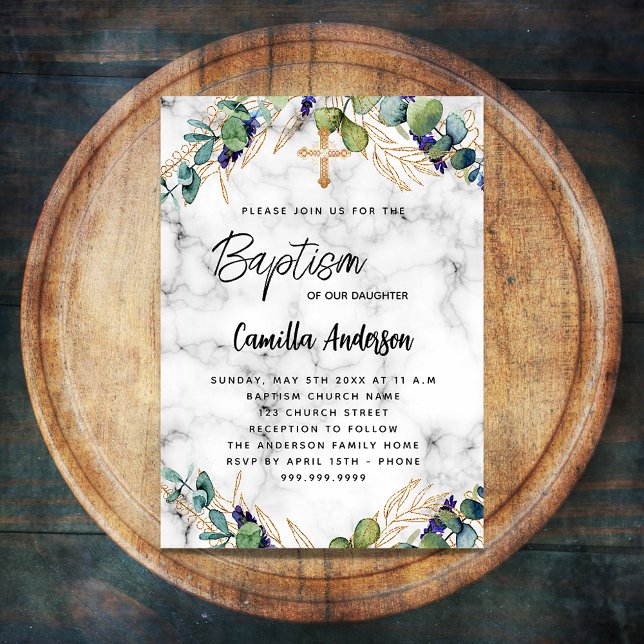 Baptism eucalyptus greenery gold marble invitation postcard (Creator Uploaded)