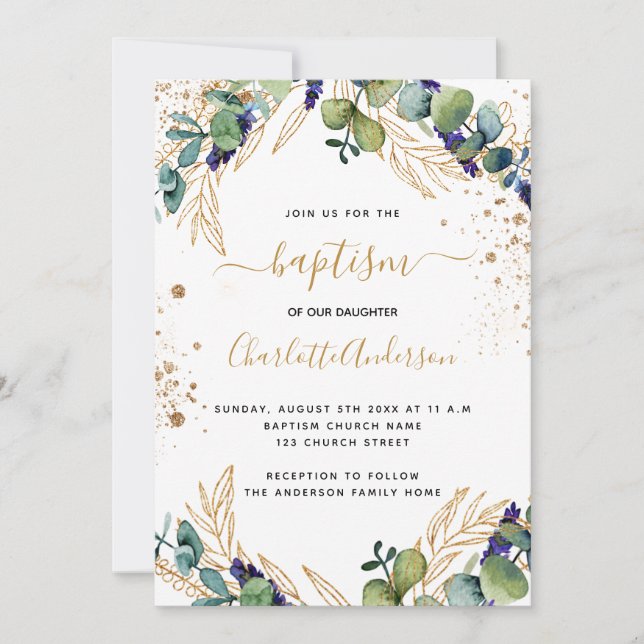 Baptism eucalyptus greenery gold script invitation (Front)