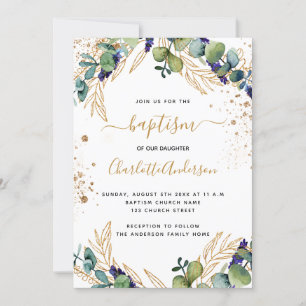 Baptism eucalyptus greenery gold script invitation