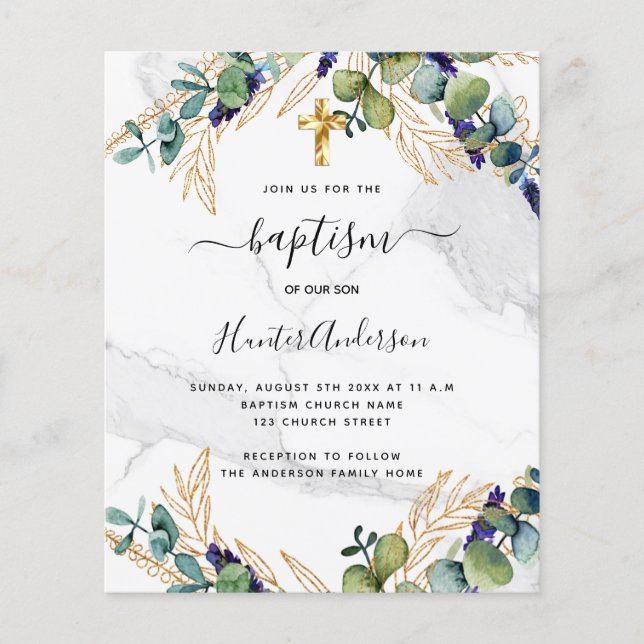 Baptism eucalyptus greenery marble invitation flyer (Front)