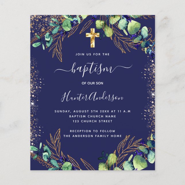 Baptism eucalyptus greenery navy blue invitation (Front)