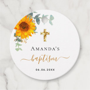 Baptism eucalyptus greenery sunflower favour tags