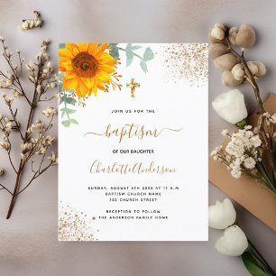 Baptism eucalyptus greenery sunflower gold cross invitation postcard