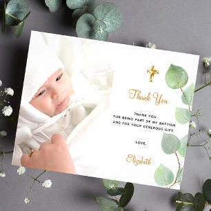 Baptism eucalyptus photo thank you budget flyer