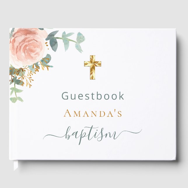 Baptism eucalyptus pink floral girl custom photo guest book (Front)