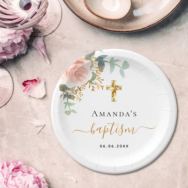 Baptism eucalyptus pink floral girl rose gold paper plate (Creator Uploaded)