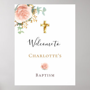 Baptism eucalyptus pink floral girl welcome poster