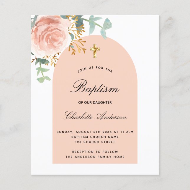 Baptism eucalyptus rose gold floral arch budget flyer (Front)