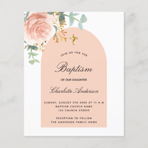 Baptism eucalyptus rose gold floral arch budget flyer