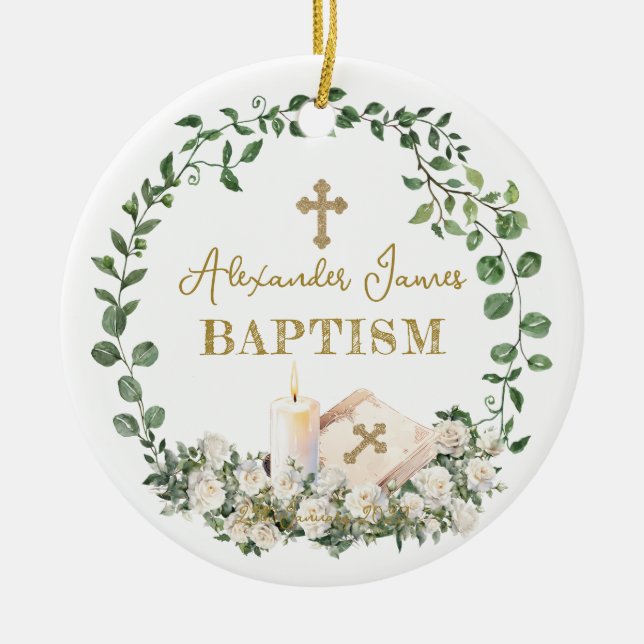 Baptism Eucalyptus Roses Cross Photo Ceramic Tree Decoration (Front)