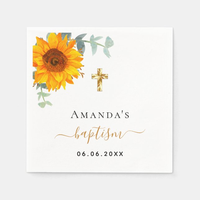 Baptism eucalyptus rustic sunflower boy girl napkin (Front)