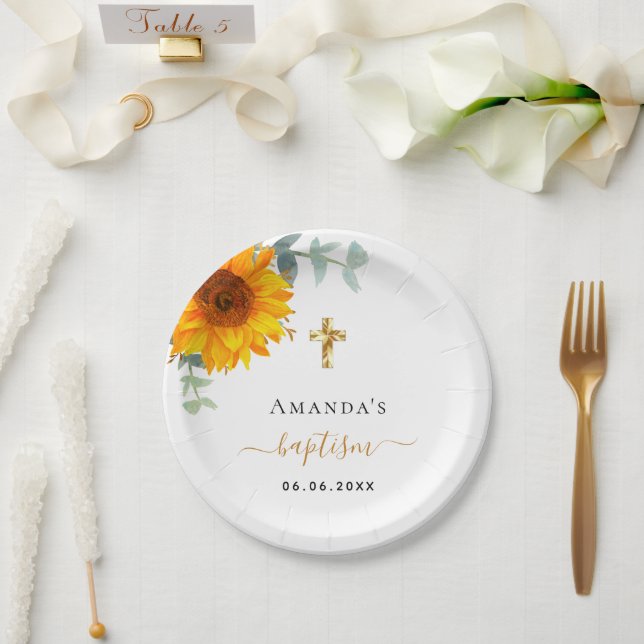 Baptism eucalyptus rustic sunflower boy girl paper plate (Wedding)