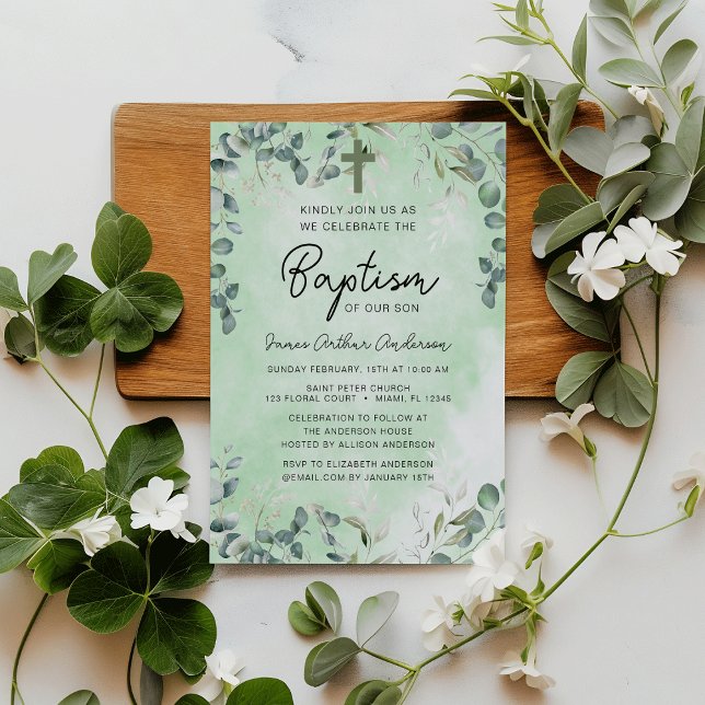 Baptism Eucalyptus Watercolor Greenery  Invitation (Elegant Botanical Baptism Eucalyptus Watercolor Christening Greenery Invitation)
