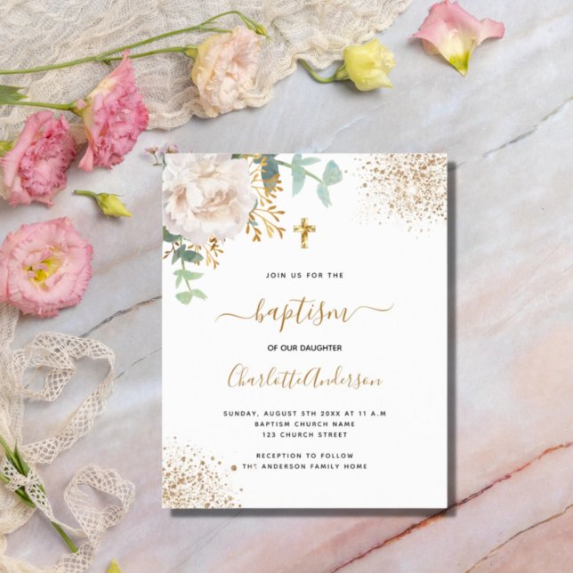 Baptism eucalyptus white floral budget invitation (Creator Uploaded)