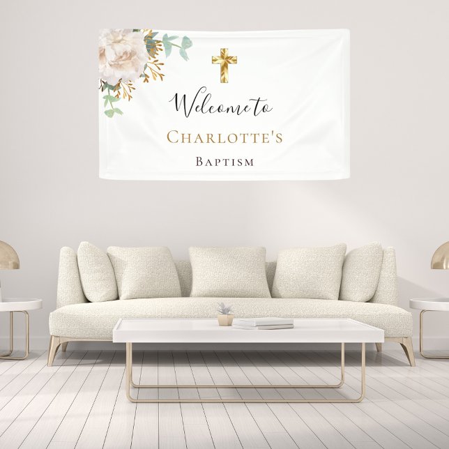 Baptism eucalyptus white floral gold cross welcome banner (Creator Uploaded)