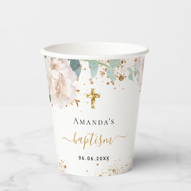Baptism eucalyptus white gold floral paper cups (Front)