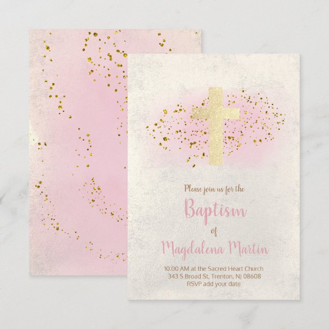 Baptism |  FAUX glitter and pink watercolor Invitation (Front/Back)