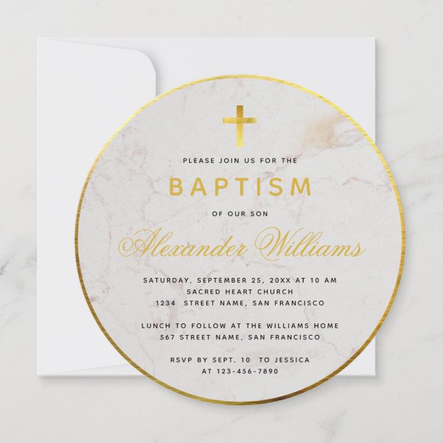 Baptism Faux Gold Foil Marble Calligraphy Round Invitation (Front)