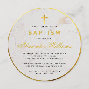 Baptism Faux Gold Foil Marble Calligraphy Round Invitation
