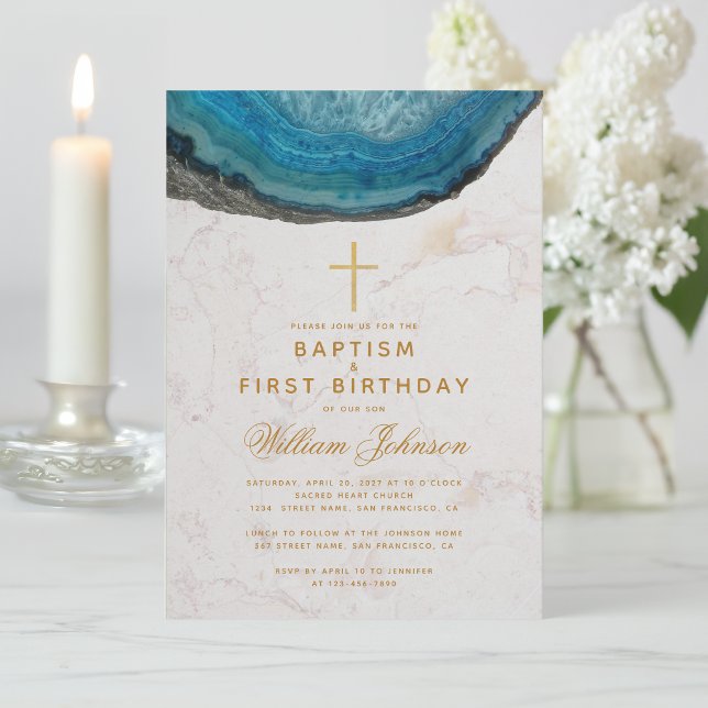 Baptism & First Birthday Blue Geode Gold Cross Boy Invitation (Creator Uploaded)