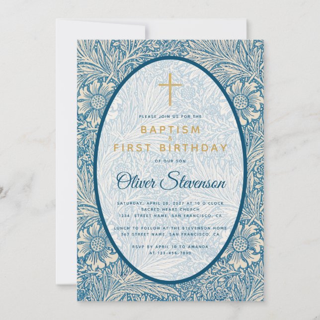 Baptism First Birthday Blue White Floral Marigold Invitation (Front)