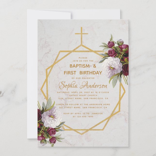 Baptism First Birthday Burgundy Peony Marble Gold Invitation (Front)